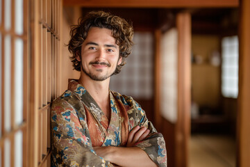 Obraz premium Confident Man in Traditional Kimono Standing in Japanese Style Room