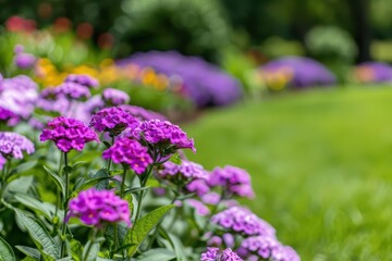 Obraz premium A picturesque garden featuring vibrant verbena flowers in full bloom, banner, with copy space