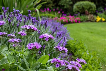 Fototapeta premium A picturesque garden featuring vibrant verbena flowers in full bloom, banner, with copy space
