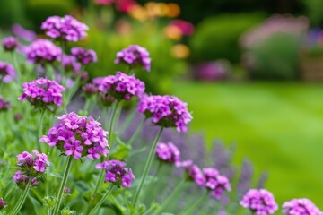 A picturesque garden featuring vibrant verbena flowers in full bloom, banner, with copy space