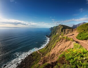 Obraz premium A coastal cliffside with a scenic hiking trail, offering stunning views of the ocean below.