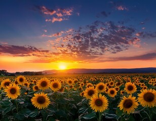 Fototapeta premium A colorful sunset over a sunflower field, with the flowers turning towards the fading light.