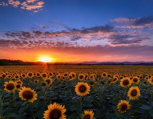 Obraz premium A colorful sunset over a sunflower field, with the flowers turning towards the fading light.