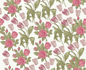 Seamless pattern. Beautiful fabric blooming realistic isolated flowers. Vintage background. Rose primrose primula wildflowers. Wallpaper baroque bouquet Drawing engraving Vector victorian Illustration