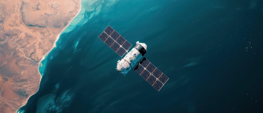 A satellite image depicting remote sensing technology monitoring Earths surface, banner, with copy space