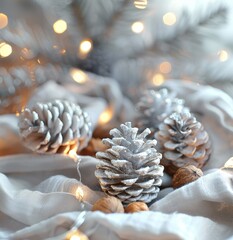 White and grey glittery pine cones in festive lights, winter holiday decor