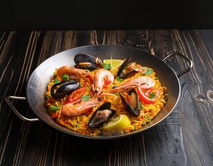 A fresh seafood paella with saffron rice, shrimp, mussels, and colorful bell peppers.