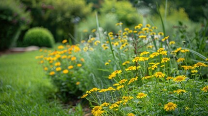 Obraz premium Yellow chamomile bush in a private home garden with green background