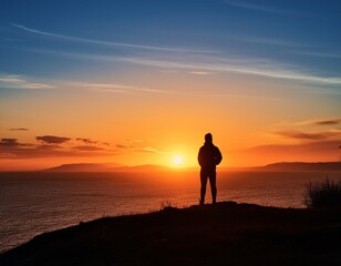 A lone figure silhouetted against a vibrant sunset, contemplating the horizon