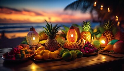 Party fruits and lamp lighting to enjoy at the sea