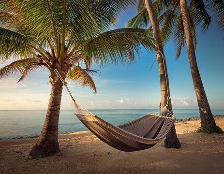 A hammock strung between two palm trees, gently swaying in the breeze with a view of the ocean