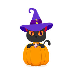 Black cat in Halloween pumpkin. Happy Halloween. Vector illustration.