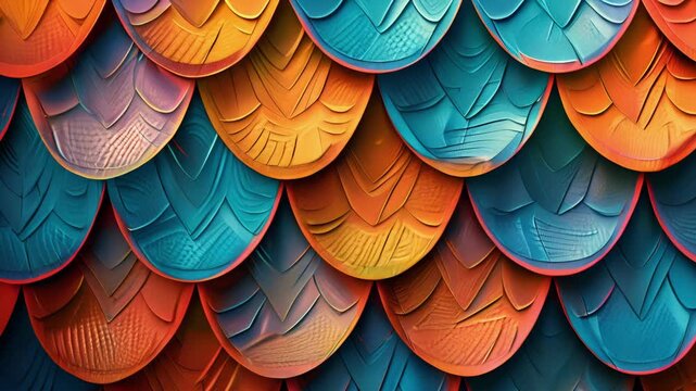 A futuristic interpretation of fish scale textures featuring geometric shapes and bold vibrant colors.