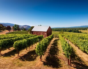 A picturesque vineyard with rows of grapevines, a rustic barn, and a clear, sunny sky.