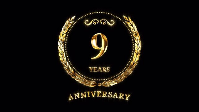 9th Anniversary Celebration. Happy 9 Years Anniversary Animation in Gold Color on the Transparent Background, Alpha Channel. Great for greetings, celebrations, events, and gifts.