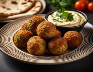 A plate of deliciously seasoned, crispy falafel served with hummus and pita bread.