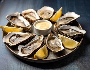  A plate of fresh oysters on the half shell with lemon wedges and a mignonette sauce.