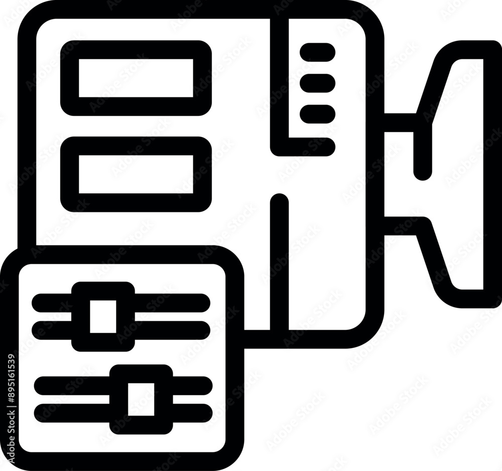 Poster line icon of a server room with a connected server rack, representing data storage and processing