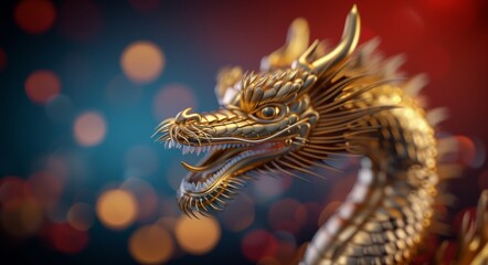 Fototapeta premium Golden Dragon on Red Background