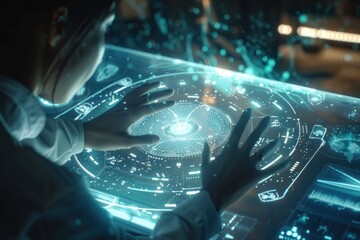 Person Engaging with a Holographic Interface, Skillfully Manipulating Virtual Elements in Mid-Air for Innovative Digital Solutions