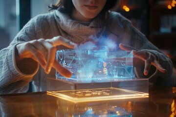 Person Engaging with a Holographic Interface, Skillfully Manipulating Virtual Elements in Mid-Air for Innovative Digital Solutions