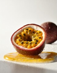 macro photography of a freshly cut passion fruit