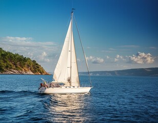 Fototapeta premium A sailboat gliding across a calm bay, with the sails catching the summer breeze and the sun
