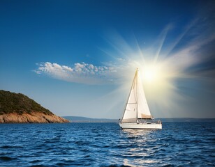 Fototapeta premium A sailboat gliding across a calm bay, with the sails catching the summer breeze and the sun