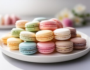 Obraz premium A selection of macarons in pastel colors, arranged neatly on a white plate.