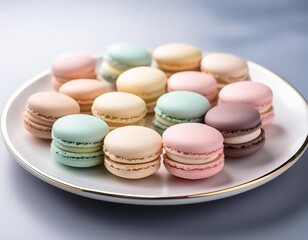 Obraz premium A selection of macarons in pastel colors, arranged neatly on a white plate.