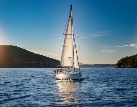 A sailboat gliding across a calm bay, with the sails catching the summer breeze and the sun