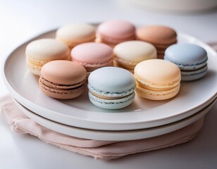 Obraz premium A selection of macarons in pastel colors, arranged neatly on a white plate.