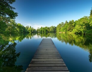 Obraz premium A serene lakeside scene with a wooden dock extending into the calm water, surrounded by lush