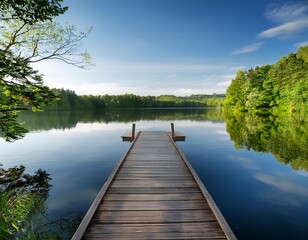 A serene lakeside scene with a wooden dock extending into the calm water, surrounded by lush