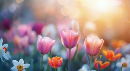 Colorful Tulips Blooming in Spring Sunshine
