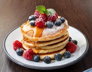 A stack of fluffy pancakes topped with fresh berries, a drizzle of maple syrup, and a dustin.