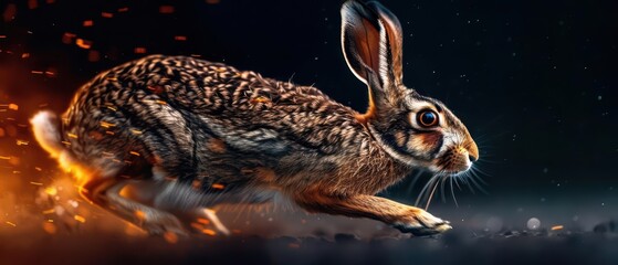 Obraz premium The hare is depicted in an ultramodern banner with a supernatural scene, showcasing its speed in a futuristic landscape and space for text