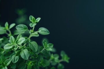 Thyme is highlighted in an ultramodern, supernatural scene, featuring aromatic thyme leaves with clear copy space for text