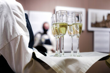 Serving Champagne Flutes at Formal Event. A server in a white shirt and black apron holds a tray with champagne flutes, preparing to serve guests at a formal event. Horizontal photo