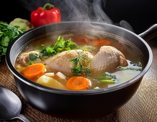  A steaming pot of homemade chicken soup with vegetables and fresh herbs.