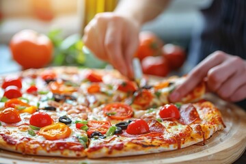a person serving pizza