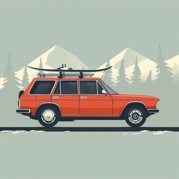 Cool flat design modern crossover vehicle with ski rack on top. Winter sports design element on recreational destination travel by car for skiing and