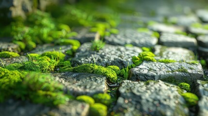 Cobblestone path covered in lush green moss, perfect for nature themes