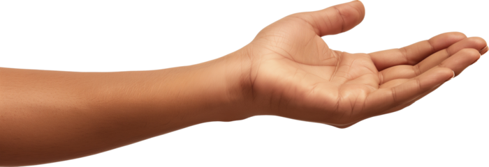 Close up to A woman's hand opening her palm to show something, on a transparent white background.