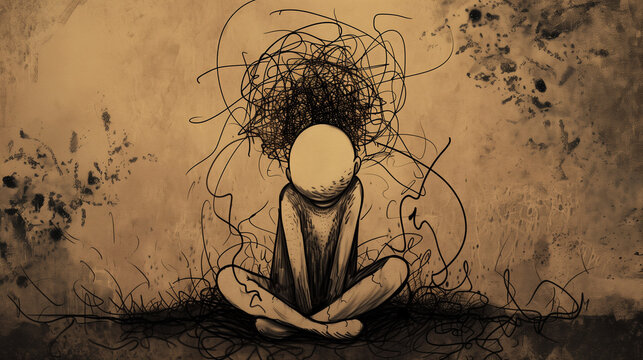 doodle of person sitting on the floor, squiggles surrounding them representing overthinking and brain fog