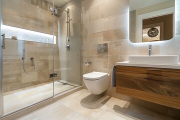 Modern beige tiled bathroom interior featuring a sleek wall-hung toilet design, clean lines, and a minimalist look