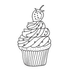 Strawberry cupcake. Cream and strawberry dessert. Hand drawn vector illustration. Black and white sketch.