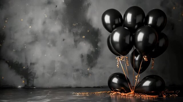Golden and black air balloon with glitter confetti on black animated video background. Luxury celebration backdrop with copy space. Stylish holiday design party poster, invitation, banner	

