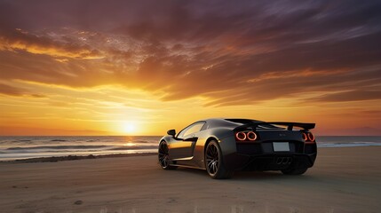 Fototapeta premium Exotic Supercar at Sunset Luxury Beach Drive, Travel Destination, Lifestyle Advertisement