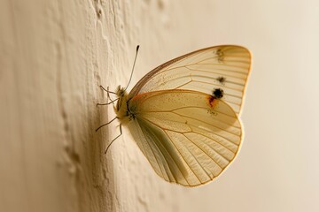 White Butterfly with Orange and Black Markings on its Wings, Resting on a Textured Beige Wall